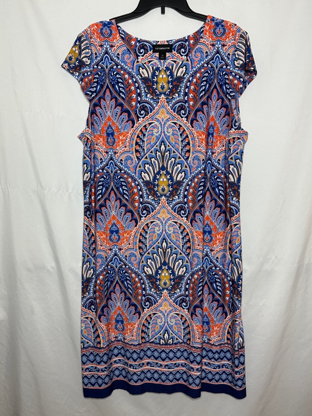 LIZ CLAIBORNE | Blue & Orange Printed Cap-Sleeve Midi Dress Size 18